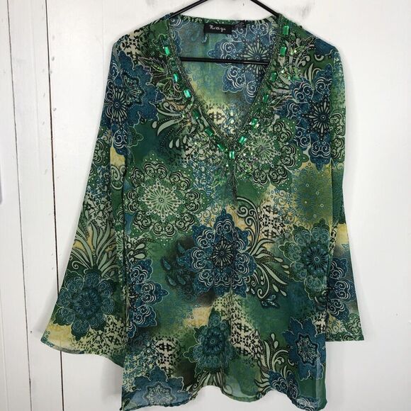 Raviya Tunic Top Fairy Jeweled V Neck Chiffon Green Sequins Bold Green Womens M - Picture 1 of 9